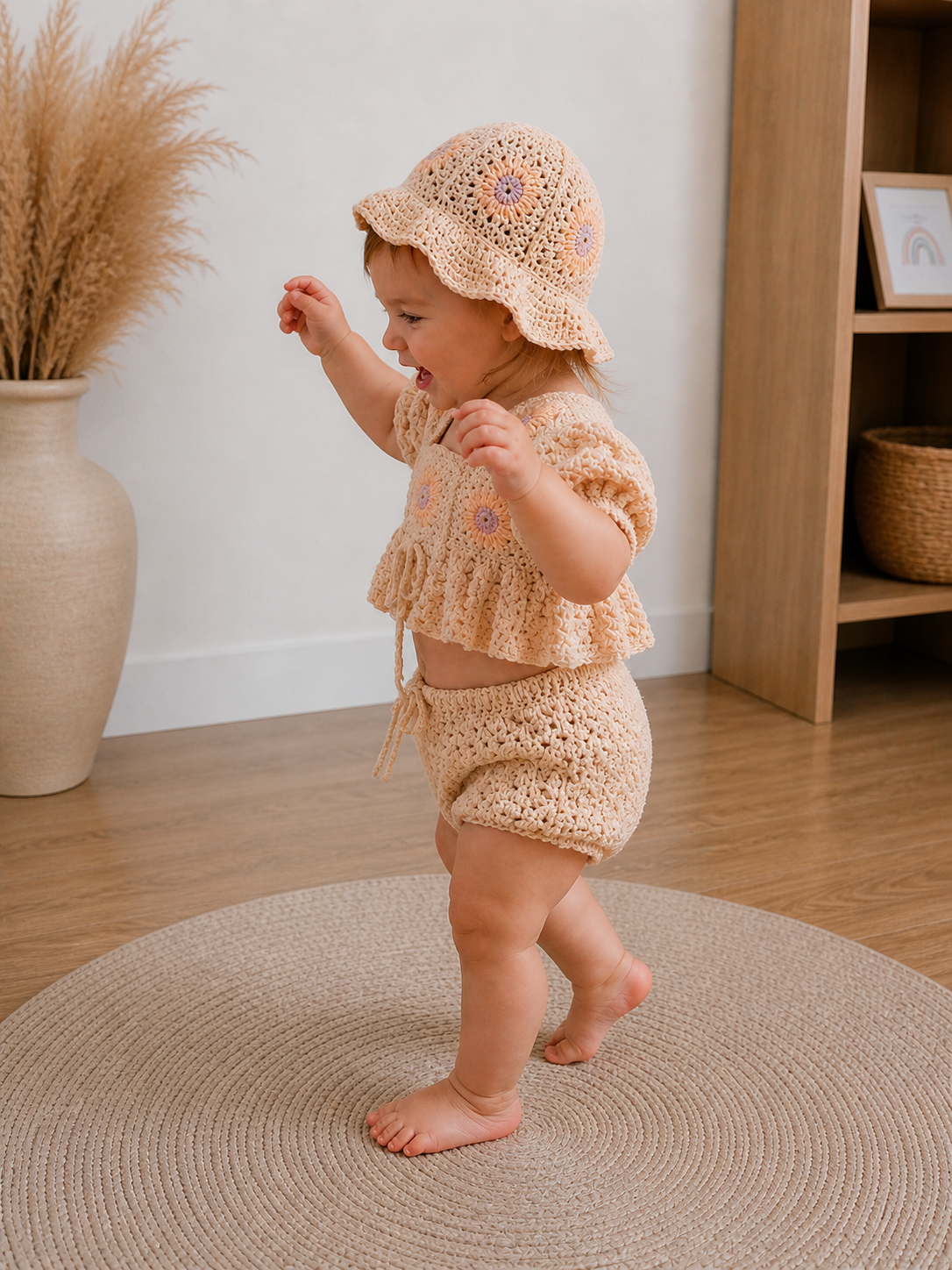 Baby Summer Set – Floral Crochet Outfit (Top, Shorts & Hat)
