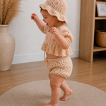 Baby Summer Set – Floral Crochet Outfit (Top, Shorts & Hat)